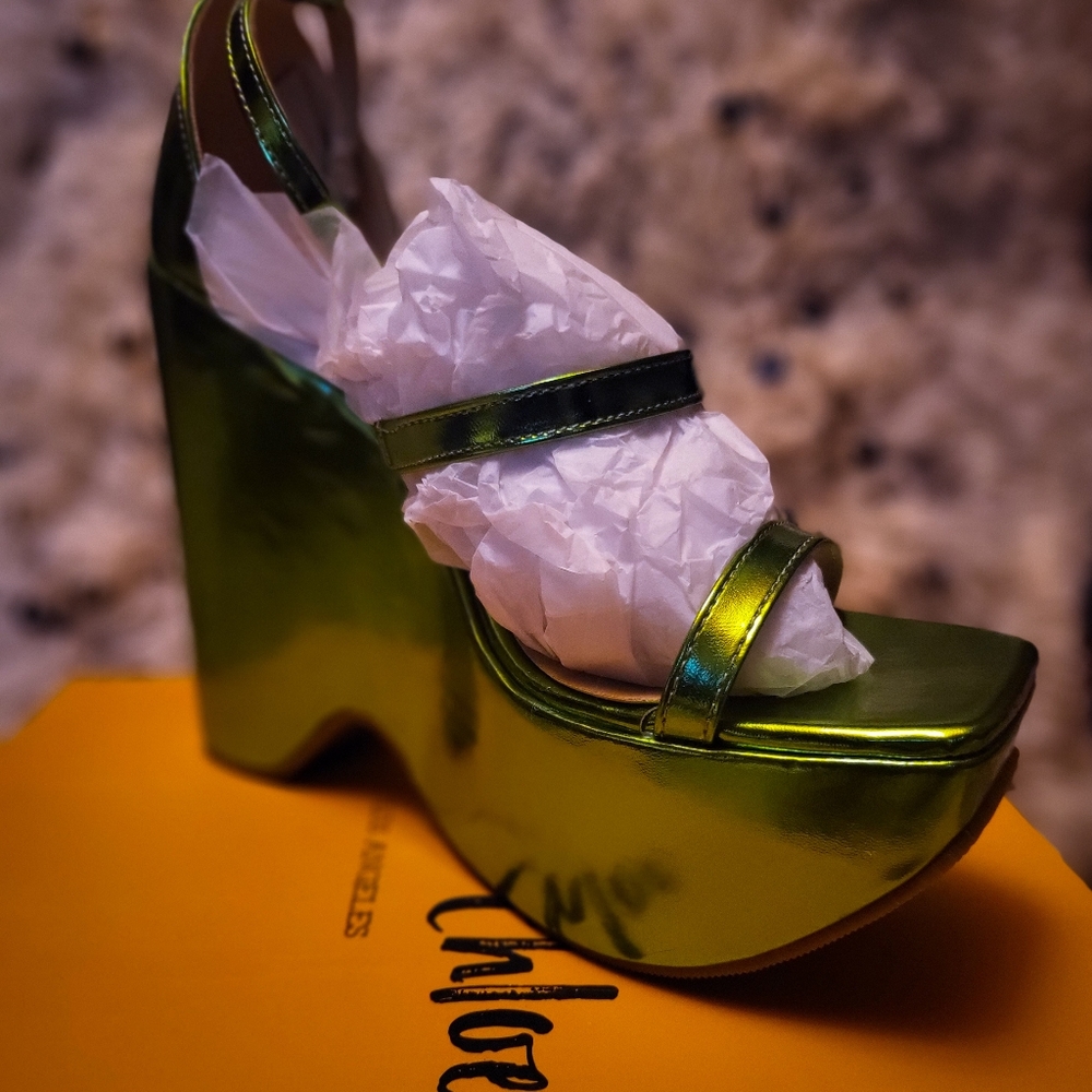 Chase + Chloe Iridescent Lime Green Platform Wedge Sandals - Picture 5 of 9